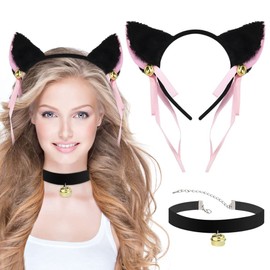 BUENTYA Cat Ears Headband Black Cat Ears Hair Band & Velvet Bell Choker Necklace Furry Cat Ears Hair Hoop with Bells Cosplay Cat Ears Hair Accessories for Women Girls Daily Decoration Party
