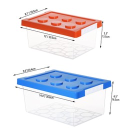 loobuu Plastic Storage Bins with Lids - Stackable Toy Storage Organizer Box Set of 2, Toy Chests with Compatible Building Baseplate and Lid, Storage Container for Building Bricks - Red+Blue