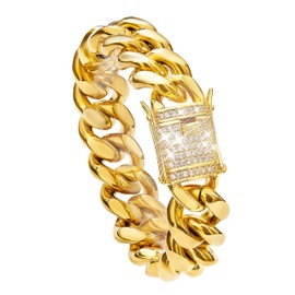 WinTrend Cuban Link Chain for Men Miami Necklace 18K Gold Stainless Steel Curb Chain with CZ Diamond Chain Choker(14mm, 9")