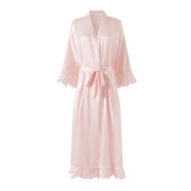 Polar Rabbit Women's Long Bride Bridesmaid Kimono Robes with Lace Trim Embroidery Bridal Silky Satin Bathrobe Wedding Party Sleepwear, Bridesmaid pink