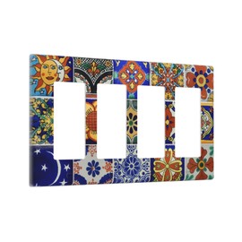 Vintage Mexican Talavera Tiles 4 Gang Rocker Light Switch Cover Decorative Quad Decora Wall Plate Electrical Outlet Covers GFCI Faceplate for Kitchen Bathroom Home Decor