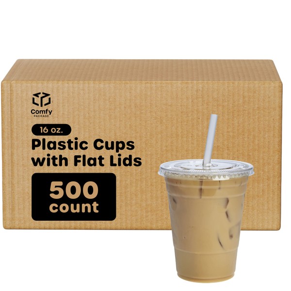 Comfy Package [16 oz. - Case of 500 Crystal Clear Plastic Cups With Flat Lids