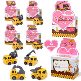 24 Pack Valentines Day Gifts for Kids, Valentines Gift Boxes with Pull Back Construction Vehicles Toys, Construction Valentine Cards for Classroom Exchange Party Favors Boys Girls School Prizes Reward