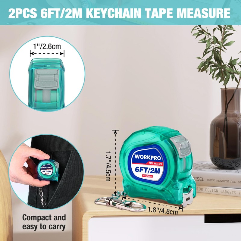 WORKPRO Mini Tape Measure, 2 Pcs 6FT Retractable Easy Reading