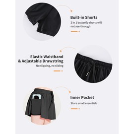Hvididan Girls Skorts Size 10-12 Black Butterfly Shorts Gilrs Flowy Running Shorts with Pockets 2 in 1 Athletic Skirts with Spandex Liner for Kids Toddler Teen