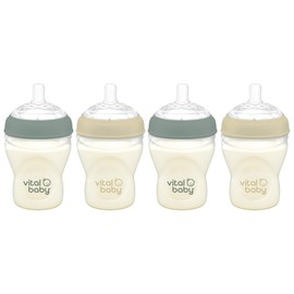 Vital Baby Nurture Breast-Like 0m+ Baby Feeding Bottles, 240ml 4pk, Self-Sterilising in 3 Mins, Triple Anti-Colic Valves, Slow Flow Teats, EarthSmart Biodegradable, BPA-Free