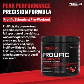 PEScience Prolific Pre Workout, Melon Berry Twist, 40 Scoops, Energy Supplement with Nitric Oxide