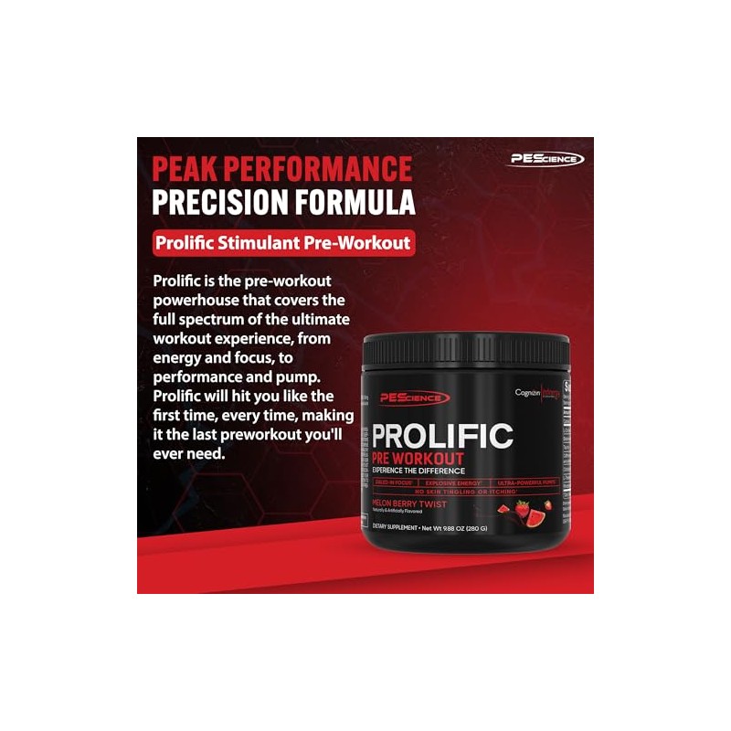 PEScience Prolific Pre Workout, Melon Berry Twist, 40 Scoops, Energy