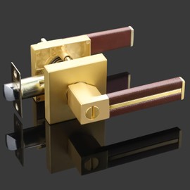 EHOMEWARE 1 Pack Gold Door Handles with Bronze Leather Handle, Privacy Door Levers for Bedroom or Bathroom, Interior Door Knobs Locked Inside with Turn-Thumb, Universal Handling