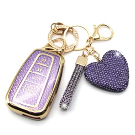 Simocky Key Fob Cover with Diamond Heart Keychain for Toyota A for Women (4 Buttons), Purple, for Toyota A