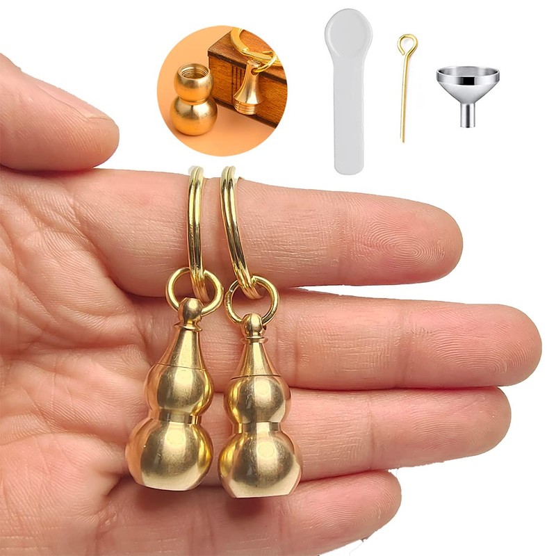 CODEKALA ひょうたんキーホルダー スタッシュジャーキット 真鍮製 防水 小型ピルホルダー スプーン 金属製ミニ漏斗 アウトドア 旅行