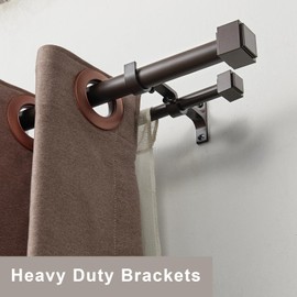 Double Curtain Rods with Square Heavy Duty Aluminum Alloy Finials 72 to 144” Telescoping Rod 1 Inch Diameter Front Rod and 5/8 Inch Diameter Back Rod Window Drapery Rods, Bronze