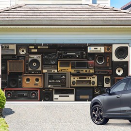 ANNA QUEEN Retro Speaker Wall Garage Door Banner 6 x 13FT, Vintage Radio Stereo Collection Backdrop, Outdoor Garage Decoration for Parties Home Decor