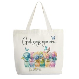 Inspirational Christian Canvas Tote Bag for Women, God Says You Are Unique Bible Tote, Bible Verse Religious Gift Bag, Floral Library Book Bag, Shoulder Bag Gifts for Women Friends Colleagues -37