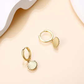 SHEAISRS Gold Shell Earrings for Women 14k Gold Plated Beach Shell Hoop Earrings Summer Beach Ocean Huggie Hoop Jewelry
