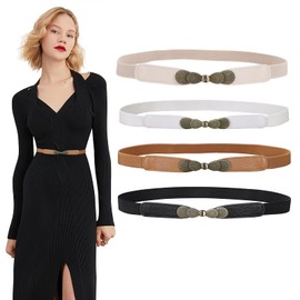 JASGOOD Women Skinny Elastic Stretch Belts for Dresses Retro Ladies Waist Vintage Thin Belts 4 Pack, Brown+ Black+White+Beige