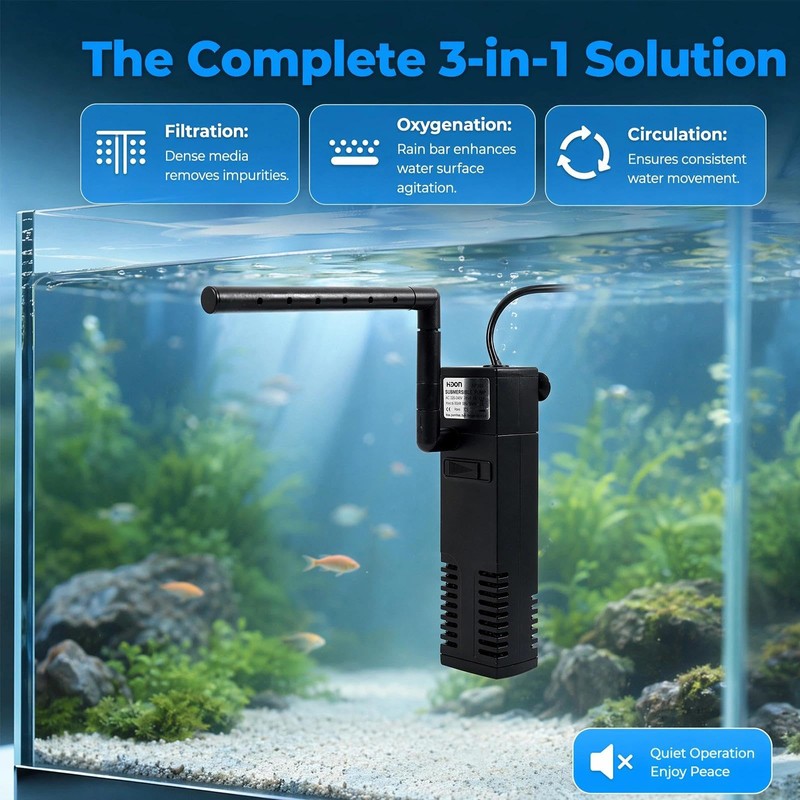 Internal Fish Tank Filter,300L/H Adjustable Flow Submersible Filters,Quiet Fish Tank