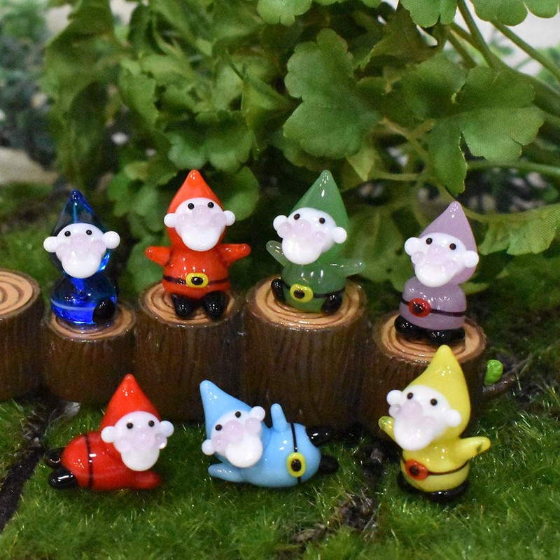 Folkart Cute Handmade Glassware Snow White 7 Dwarfs Light Blue