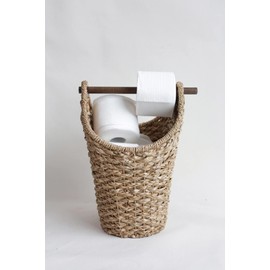 Creative Co-Op Bankuan Braided Oval Toilet Paper Basket with Wood Bar