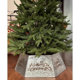 Nawbbzj Galvanized Cutout Merry Christmas Tree Collar, Metal Christmas Tree Collars for Artificial Trees, Beautiful Tree Collar for Pencil Tree Decorates Your Holiday