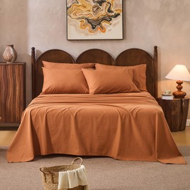 Overket 100% Linen Sheets Queen Size,Breathable & Durable 4-Piece Bed Flax Sheet Set,Soft All-Season Bedding for Hot Sleepers 16" Deep Pocket Oeko-TEX Certified,（Queen, Brown）