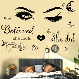 Wall Sticker Saying Vinyl Wall Decals Eyelash Eyes Inspirational Quotes She Believed She Could So She Did Wall Decal Butterfly Wall Stickers for Bedroom Living Room Classroom Office Girl Room Home