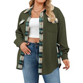 IN'VOLAND Plus Size Womens Corduroy Light Weight Jackets Button Down Shirts Christmas Green Shacket Loose Fit Fall 2024 Trendy