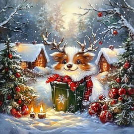 Christmas Elk House Diamond Painting Kits for Adults, 5D Winter Diamond Art Kits for Adults Beginners, DIY Full Round Drill Diamond Dot Painting Gem Art Kits for Adult, Home Wall Decor 13.8x13.8 Inch