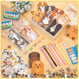 24 Set 258 Pcs Dog Themed Stationery Set Party Favors Birthday Gifts Paw Mini Notebooks Pens Stickers Paper Clip for Classroom Prizes Rewards Back to School Party Goodie Bags