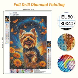 Jawecci Yorkshire Terrier Dog Diamond Painting Kits for Adults Beginners - Sunflower Diamond Art Kits for Adults, 5D Round Full Drill Diamond Painting Butterfly DIY Gifts for Home Decor 30x40cm