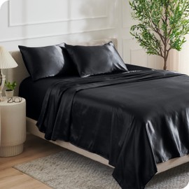 Bare Home Luxury Poly Satin Sheet Set for Hair, Skin, Soft and Smooth Satin, Breathable, Similar to Silk, Deep Pocket up to 15”, 1 Fitted and 1 Flat Sheet, 1 Std. Pillowcase (Twin, Black)