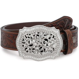 WOWOGO Women Men Western Genuine Leather Belt Cowgirl Cowboy Floral Engraved Tooled Belt Strap Embossed Scrollwork Buckle