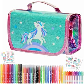 Kids Marker Stationary Set with Unicorn Pencil Case Colouring Arts & Crafts 73 pcs Pens Stickers Unicorn Gift for Girls Aged 5-10 Years (Green)