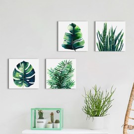 YOOOAHU Green Leaf Wall Art Room Decor Bathroom Bedroom Home Decoration Watercolor Painting Pictures Framed Canvas Prints Boho Tropical Plant Leaves Monstera Botanical White Set of 4 Pcs 8 × 8 Inch