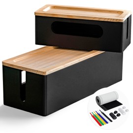 NATURE SUPPLIES | Wood Cable Management Box Black [Set of Two] Large & Medium Cord Organizer Box Set to Hide Wires & Power Strips | Cable Storage Box | TV, Desk, Computer, Router Cord Organization