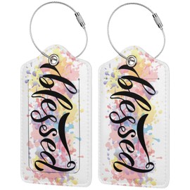 Set of 2 Luggage Tag for Suitcase Cute PU Leather Name ID Labels with Stainless Steel Loop Privacy Cover for Women Girls Bag Suitcase-Blessed