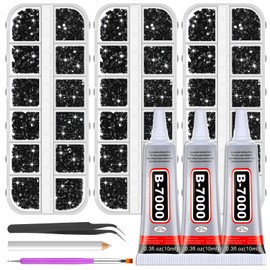 Rhinestones Glue B-7000 with 14000Pcs Black Rhinestones, Fabric Glue Flatback Gem ss6-ss20 with Dotting Tools Flat Back Rhinestone for Crafting Clothes Shoes Graduation Cap Decoration