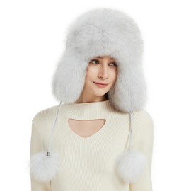 Women Real Fur Trapper Hat Sheepskin Leather Aviator Hat Ear Flaps Ushanka Hat Snow Hat with Pom Pom