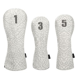 Golf Driver Head Covers 3-Pack for Men & Women - Premium PU Leather with Elephant Embroidery, Double Elastic Band (Driver/Fairway/Hybrid), Waterproof & Durable - White Grey or Black Grey