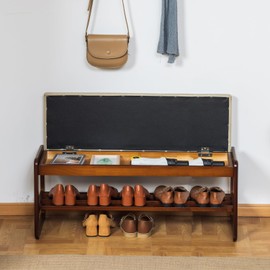 SOBIBO Solid Wood Shoe Bench, 2-Tier Entryway Bench with Cushion and Flip-Open Storage Box, Mid-Century Modern Shoe Bench Rack for Hallway, Mudroom(Gray, 39.4'')