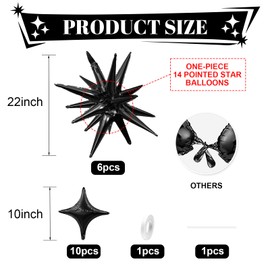 Black Star Balloons,Explosion Star Balloons Kit with 6Pcs 22Inch Cone Star Foil Balloons and 10Pcs 10Inch Four Pointed Star Balloons for Birthday Anniversary Disco Party Decorations