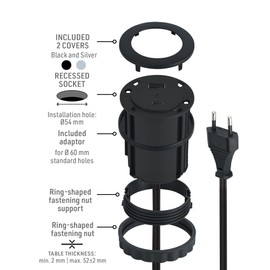 Electraline Electraline 62568 Tischplatte Grommet Einbausteckdose/Tischsteckdosenleiste/Tischsteckdose Power Delivery zum Laden von Computern + 1 typ A 3.0A Q.C. 3M Kabel, D54-60mm, Schwartz, 2 USB (A+C) PD 45W