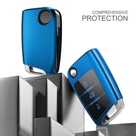 OATSBASF Car Key Case for VW, VW Golf 7 Key Case, Key Box Cover for VW Polo, Skoda, Tiguan, MK7, 3 Buttons (Blue Stripes)