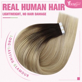 YoungSee Tape in Extensions Human Hair Ombre 14In Invisible Tape in Hair Extensions Human Hair Dark Brown Ombre Blonde with Brown Tape Human Hair Extensions Balayage 50g Tape Hair Extensions 20pcs