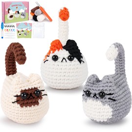 Crochet Kit for Beginners Animal Cat Crochet Kit for Adults Kids, Knitting Kits Complete Crochet Set with Step-by-Step Video Tutorials, 3pcs Cat Crochet Animal Kit Surprise Gift Birthday (3 Colors)