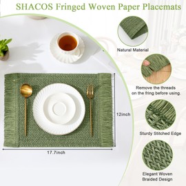 SHACOS 4 PCS Boho Tassel Paper Woven Braided Placemats 12x18 inch Aesthetic Natural Rustic Place Mats for Dinner Wedding Party Beach Farmhouse Table Decoration, Green