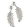 Silver Tone Clear Crystal Delicate Feather Drop Earrings - 50mm