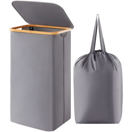 Lifewit 100L Basket with Lid, Clothes Hampers with Bamboo Handles and A Removable Bag, Large Foldable Hamper for Bedroom, Bathroom, Dorm, Laundry Room, Grey