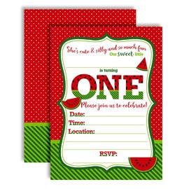 Sweet First Birthday Red Watermelon Birthday Party Invitations, 20 5x7 Fill In Cards with Twenty White Envelopes by AmandaCreation