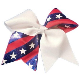 AZBOWS Cheer Bows White and Patriotic Red Stripes with Blue and Stars Hair Bow
